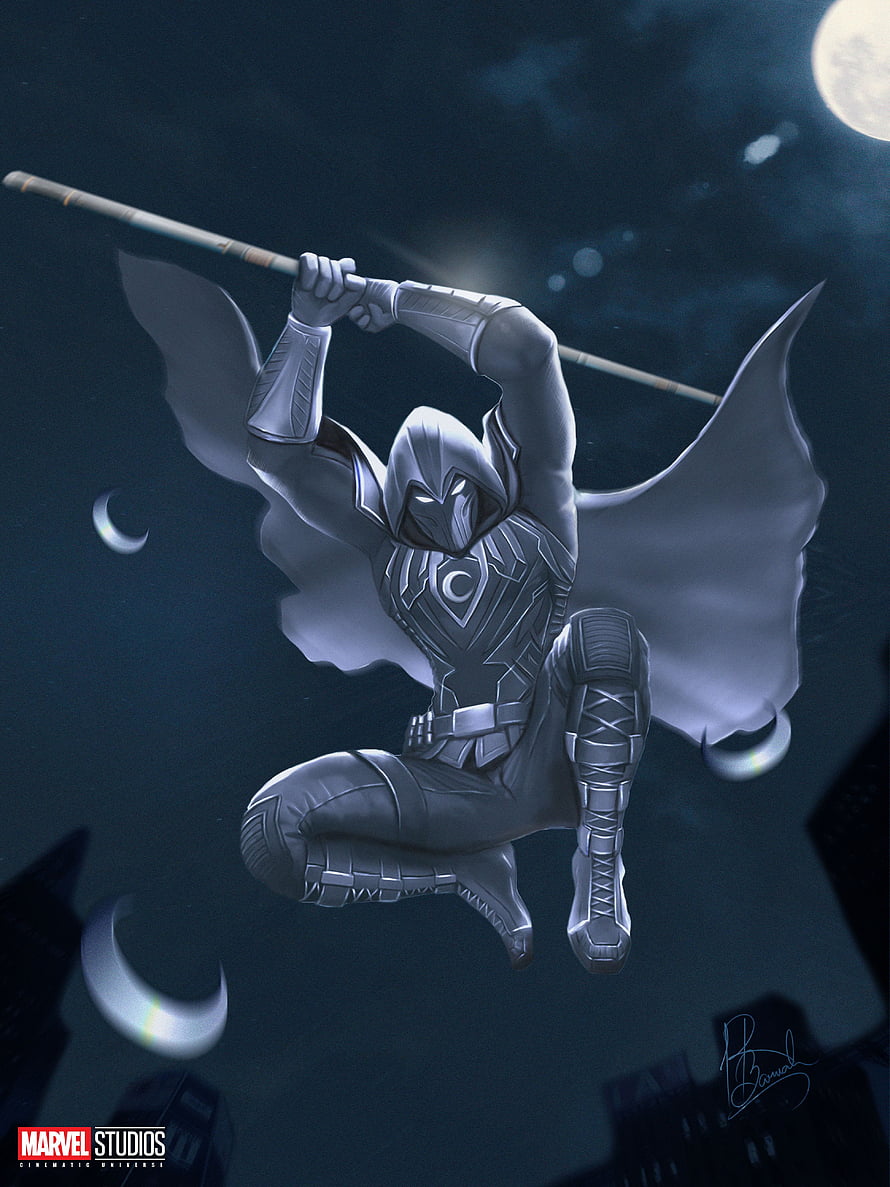 Moon Knight Concept Art Leaping Through the Night Sky with Crescent Moons HD phone wallpaper