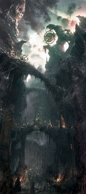 Dark Fantasy Cavern City with Ancient Machinery and Glowing Lights HD phone wallpaper
