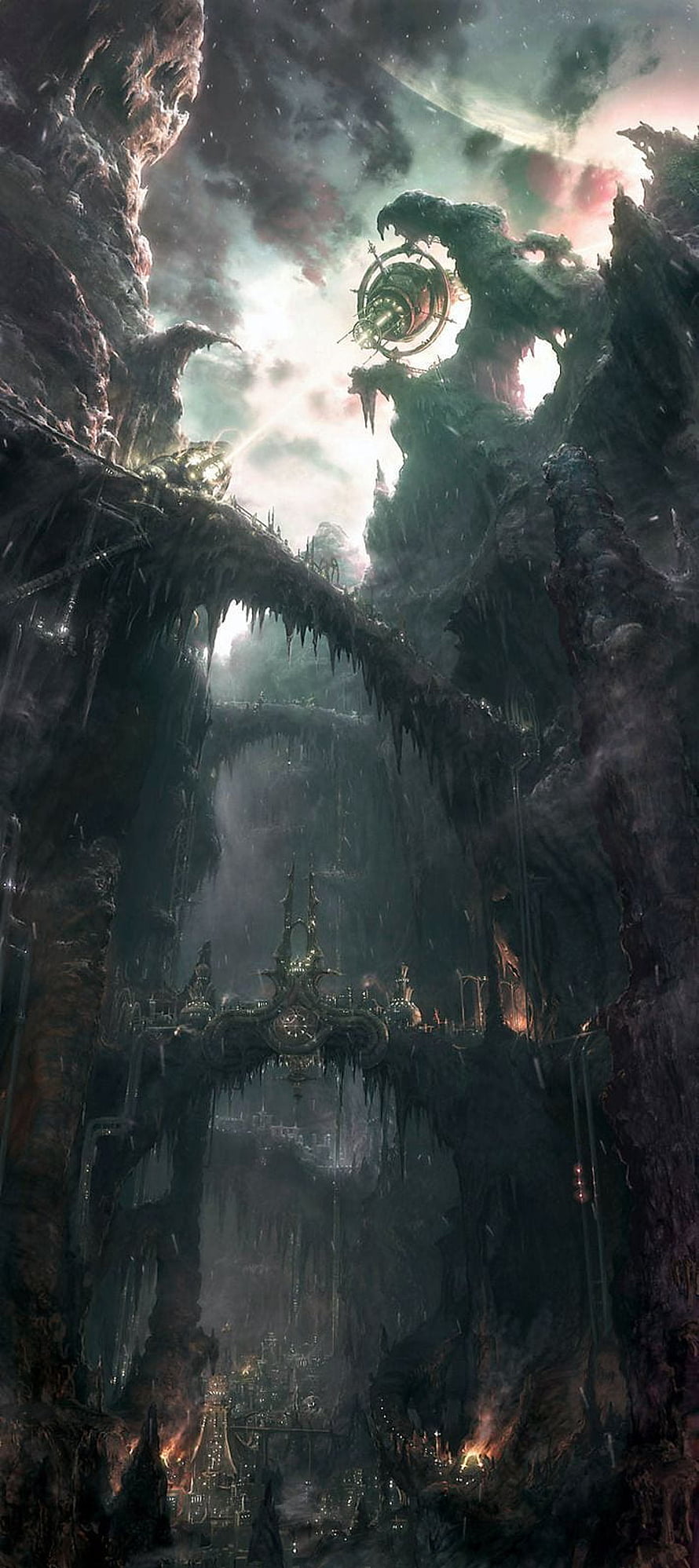 Dark Fantasy Cavern City with Ancient Machinery and Glowing Lights HD phone wallpaper