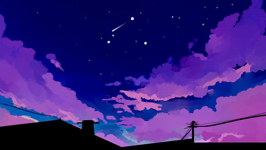 Anime Style Night Sky With Purple Clouds, Shooting Star, And Silhouetted Rooftop HD wallpaper
