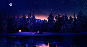 Winter Cottage by a Frozen Lake Under a Starry Night Sky with Full Moon HD wallpaper