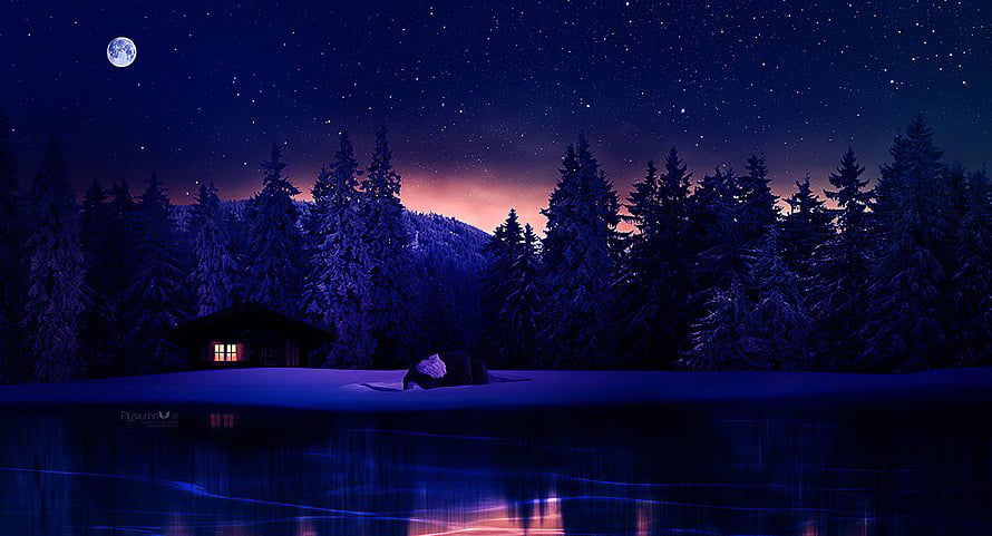 Winter Cottage by a Frozen Lake Under a Starry Night Sky with Full Moon HD wallpaper