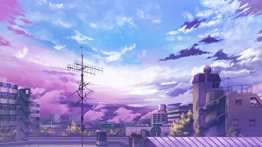 Anime Style Cityscape With Purple Sky And Rooftop Antenna HD wallpaper