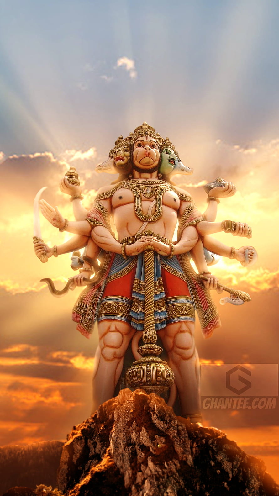 Sri Hanuman Multi-Armed Divine Form Standing on Rock at Sunset, 90 Sri Hanuman ideas in 2022, bajrangbali HD phone wallpaper