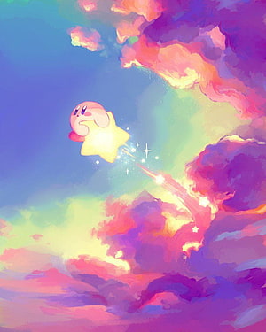 Kirby Riding a Shooting Star Through a Dreamy Pastel Sky HD phone wallpaper