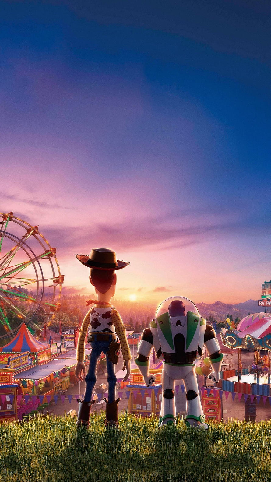 Woody and Buzz Lightyear Gazing at a Carnival at Sunset in Toy Story 4 HD phone wallpaper