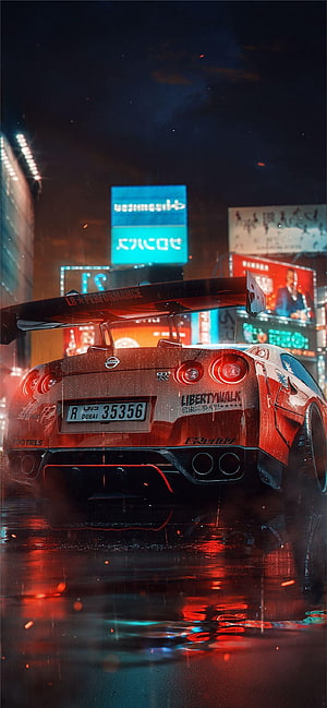 Red Nissan GT-R Liberty Walk Widebody in Rainy Neon City Night HD phone wallpaper