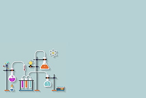 Flat Design Chemistry Lab Setup With Beakers, Test Tubes, and Atomic Model on Muted Blue Background HD wallpaper