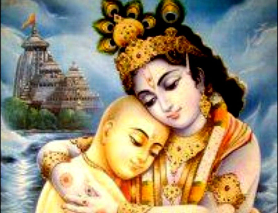 Mother and Child in Traditional Indian Attire with Temple in Background HD wallpaper