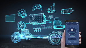 Electric Vehicle Diagnostic System with Holographic Component Breakdown and Mobile App Interface HD wallpaper