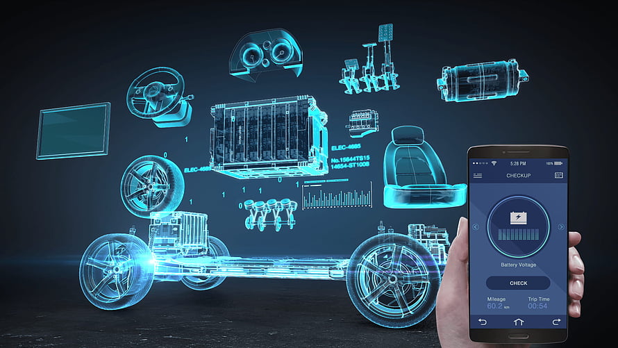 Electric Vehicle Diagnostic System with Holographic Component Breakdown and Mobile App Interface HD wallpaper