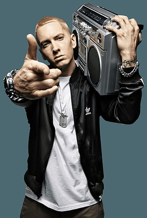 Eminem Holding Vintage Boombox and Pointing Forward in Black Jacket HD phone wallpaper