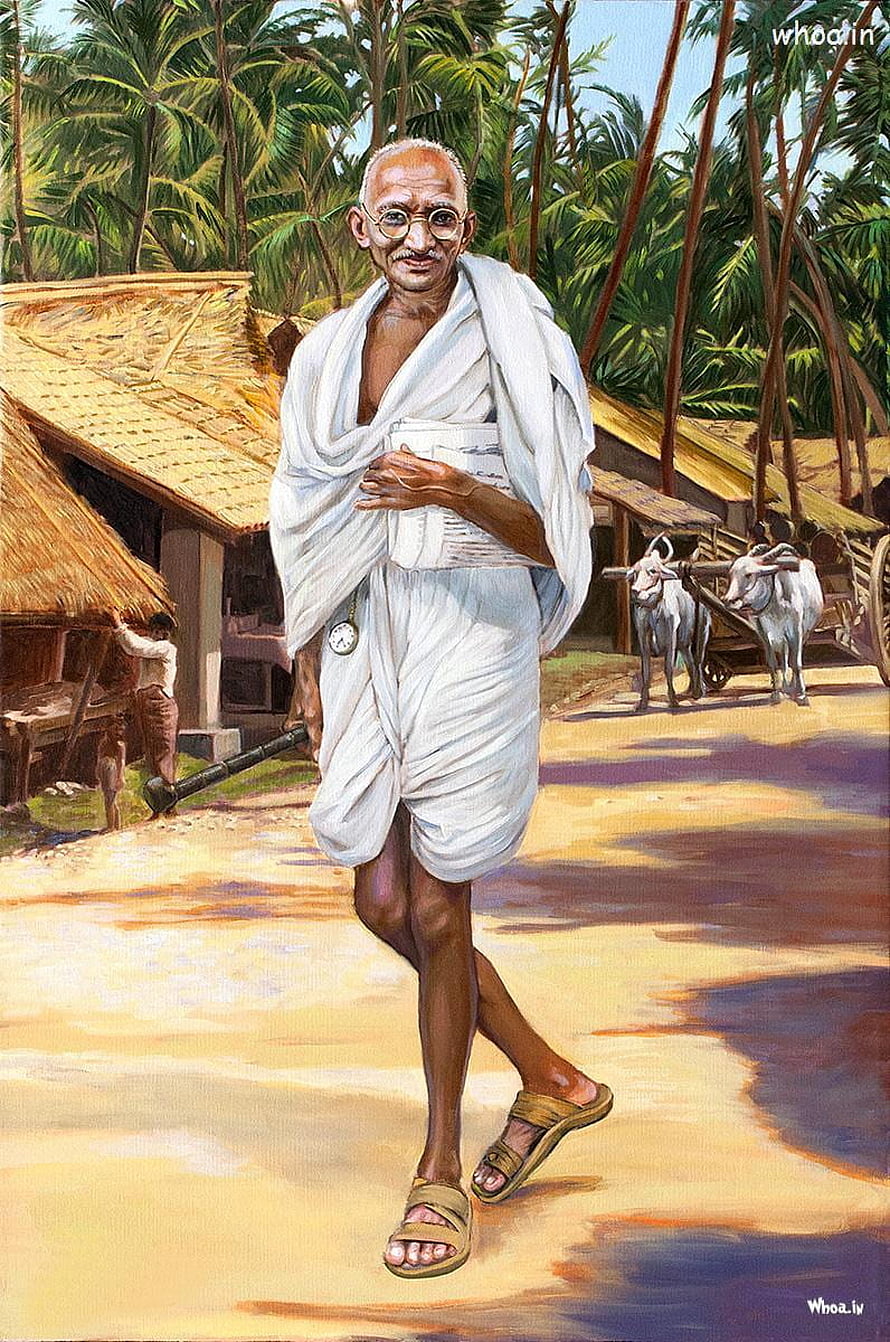 Mahatma Gandhi Walking Through Rural Indian Village Art Print HD phone wallpaper