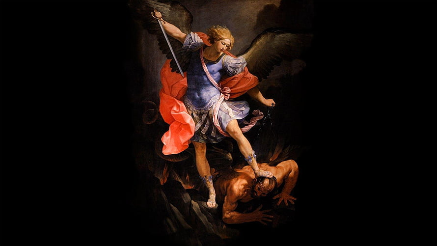 St Michael the Archangel Triumphing Over the Fallen Angel in Baroque Oil Painting HD wallpaper