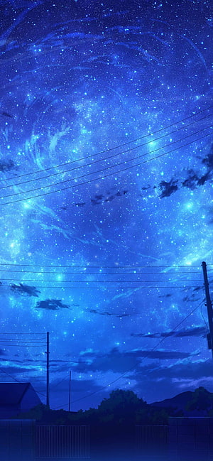 Starry Night Sky Over Suburban Landscape With Power Lines And Houses HD phone wallpaper
