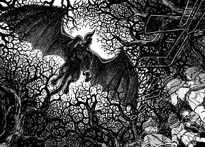 Berserk manga panel featuring a giant winged figure looming over a dark forest with armored characters HD wallpaper