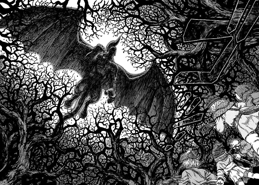 Berserk manga panel featuring a giant winged figure looming over a dark forest with armored characters HD wallpaper