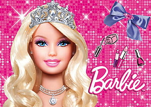 Barbie Doll With Tiara And Makeup Accessories On Pink Sparkly Background HD wallpaper