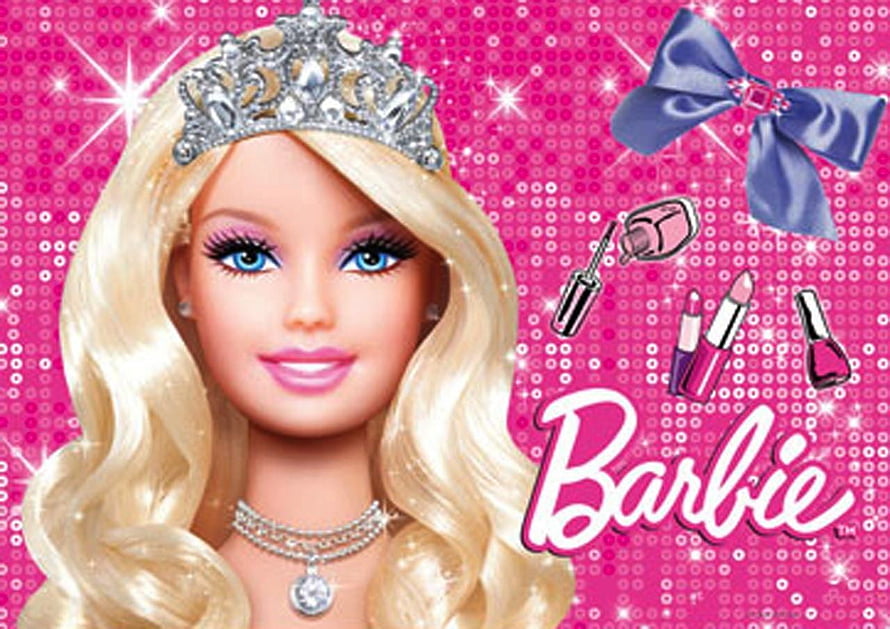Barbie Doll With Tiara And Makeup Accessories On Pink Sparkly Background HD wallpaper