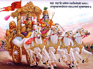 Krishna and Arjuna in the Kurukshetra War Chariot from the Mahabharata HD wallpaper