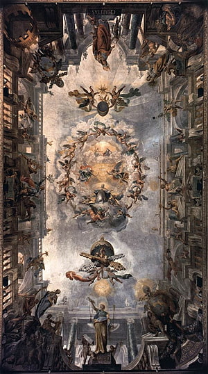 Baroque Ceiling Fresco with Angels and Religious Figures in Architectural Setting HD phone wallpaper