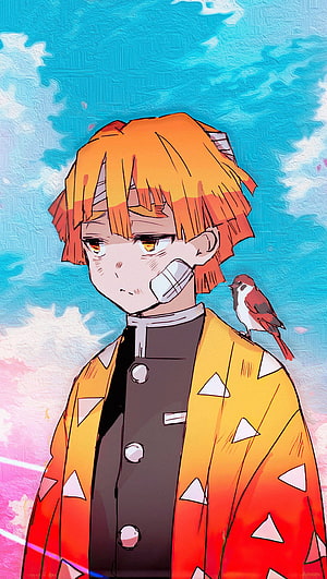 Zenitsu Agatsuma from Demon Slayer Anime with Bird on Shoulder HD phone wallpaper