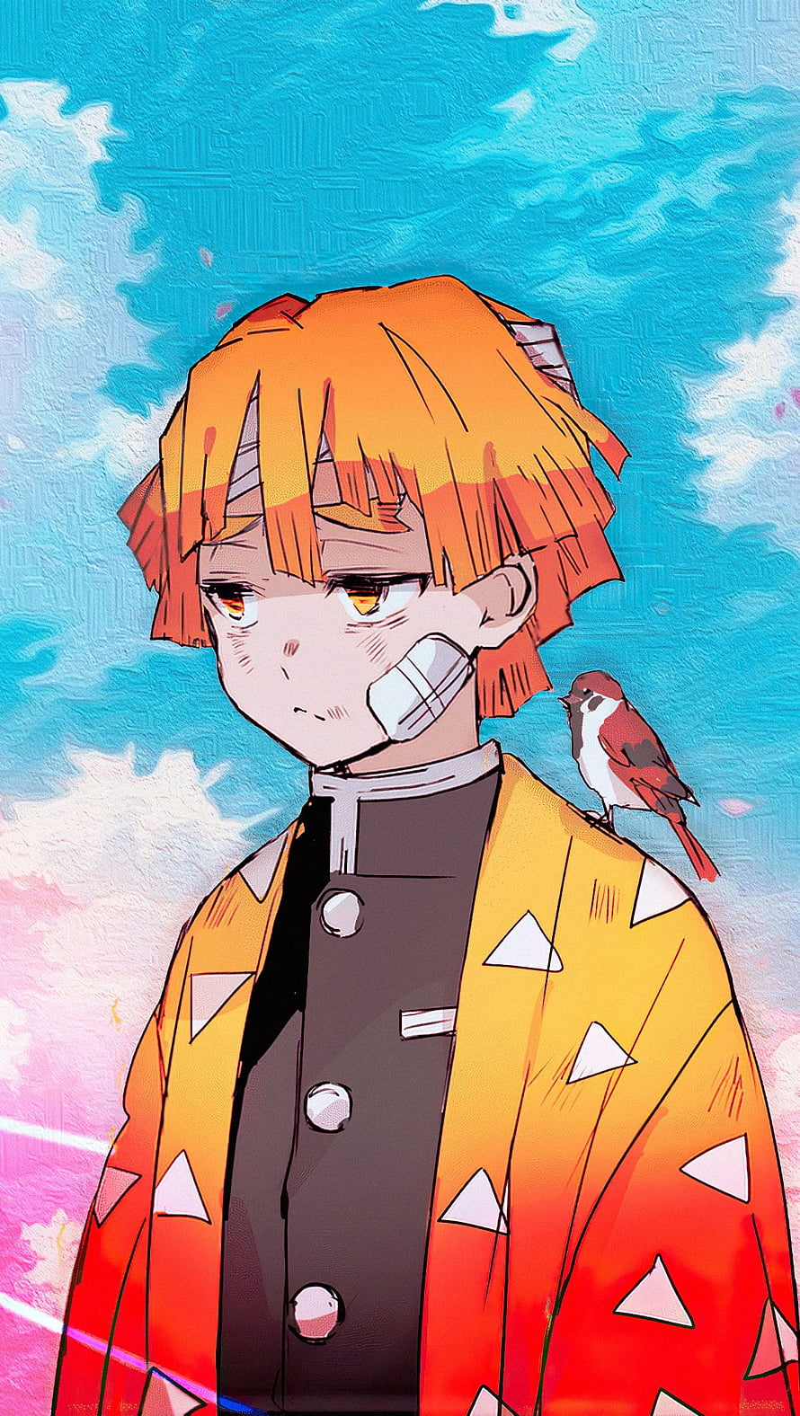 Zenitsu Agatsuma from Demon Slayer Anime with Bird on Shoulder HD phone wallpaper