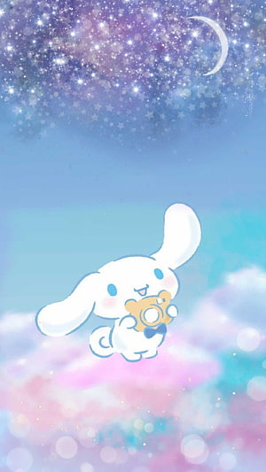 Cinnamoroll Floating in Pastel Clouds Under a Starry Night Sky with Crescent Moon HD phone wallpaper