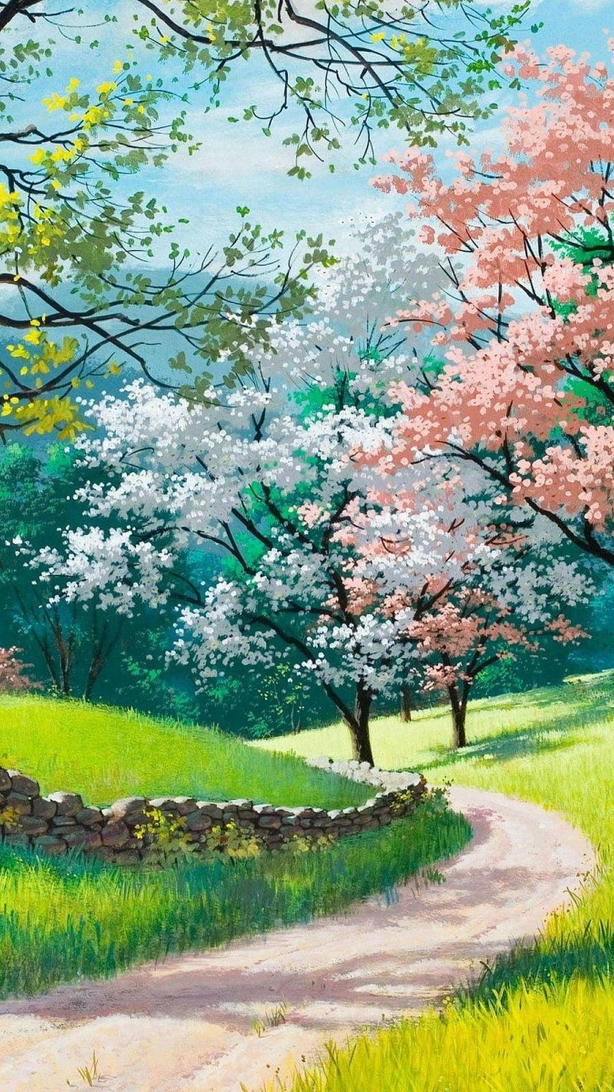Serene Spring Landscape with Blooming Cherry Blossoms and Winding Path HD phone wallpaper