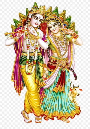 Radha Krishna Traditional Indian Deity Illustration with Flute and Cow HD phone wallpaper