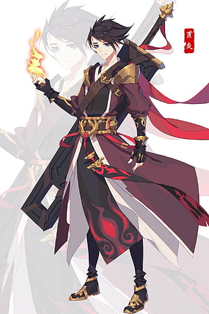 Xiao Yan from Battle Through the Heavens in Dark and Gold Armor Holding a Flame HD phone wallpaper
