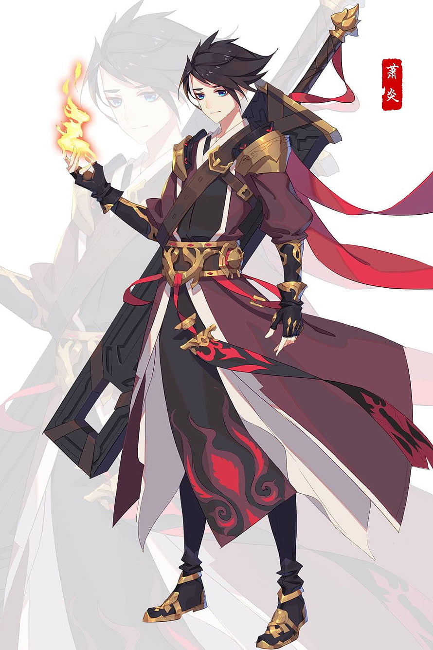 Xiao Yan from Battle Through the Heavens in Dark and Gold Armor Holding a Flame HD phone wallpaper