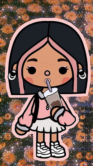Toca Boca Girl Character Sipping Drink on Floral Background HD phone wallpaper