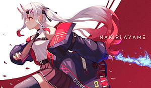 Nariki Ayame from Hololive ID in dynamic action pose with flowing white hair and red accents HD wallpaper