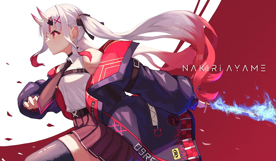 Nariki Ayame from Hololive ID in dynamic action pose with flowing white hair and red accents HD wallpaper