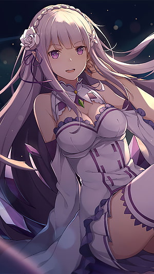 Emilia from Re:Zero in Elegant White Dress with Purple Accents and Floral Hairpiece HD phone wallpaper