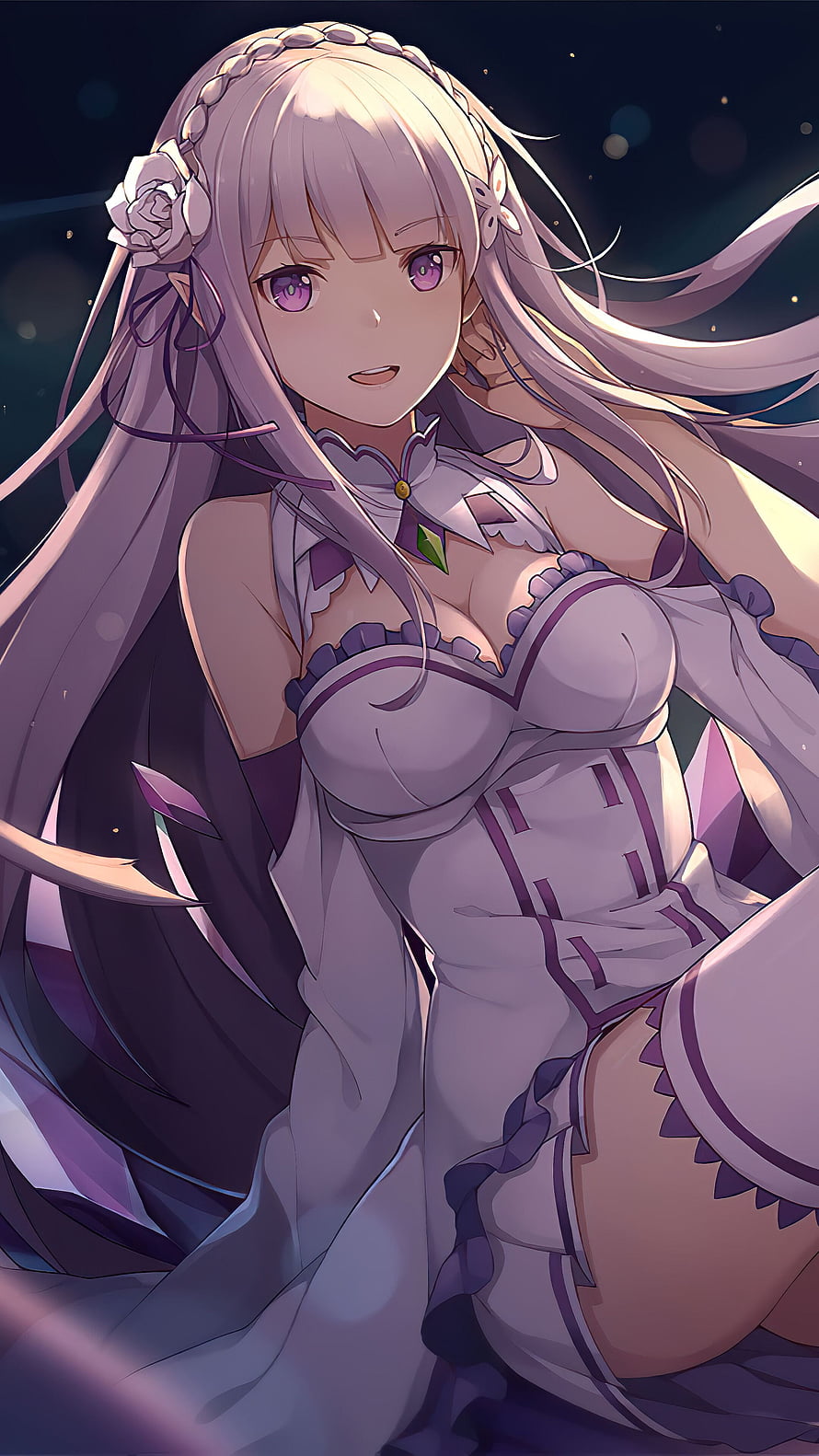 Emilia from Re:Zero in Elegant White Dress with Purple Accents and Floral Hairpiece HD phone wallpaper
