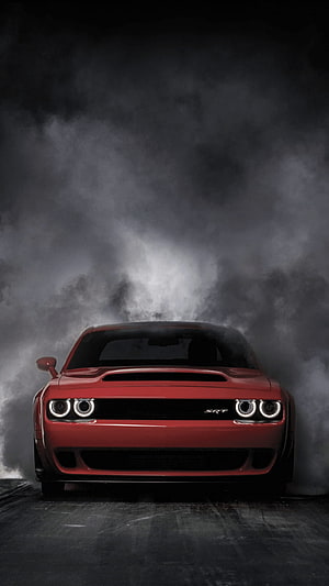 Red Dodge Challenger SRT Hellcat Front View in Dark Smoky Atmosphere HD phone wallpaper