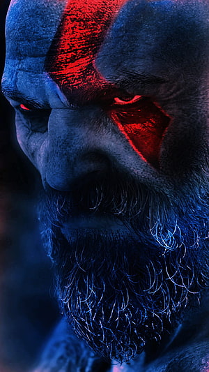 Kratos Close-Up Portrait with Glowing Red War Paint and Intense Eyes HD phone wallpaper