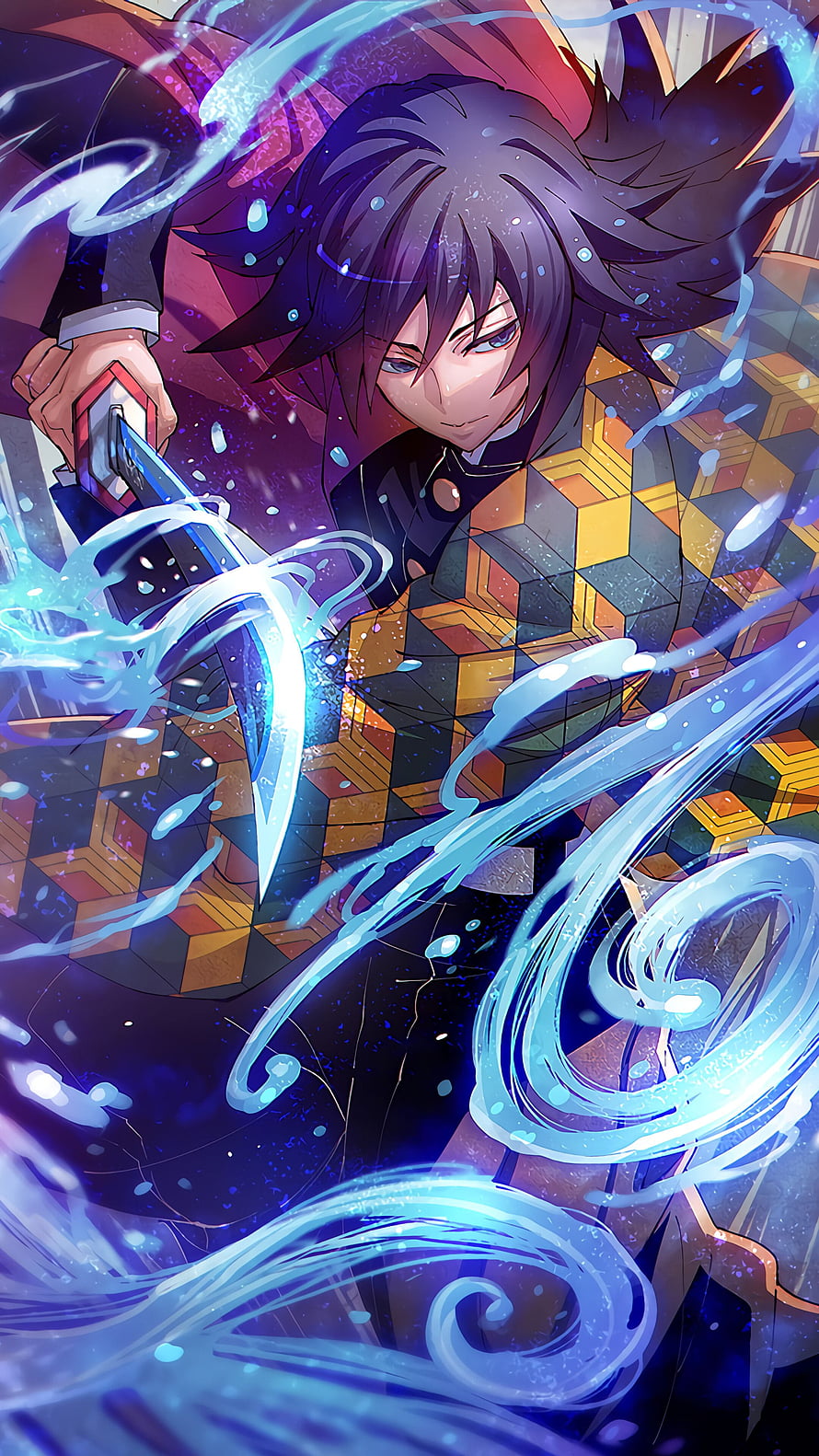 Giyu Tomioka from Demon Slayer Wielding Water Breathing Sword in Dynamic Anime Illustration HD phone wallpaper