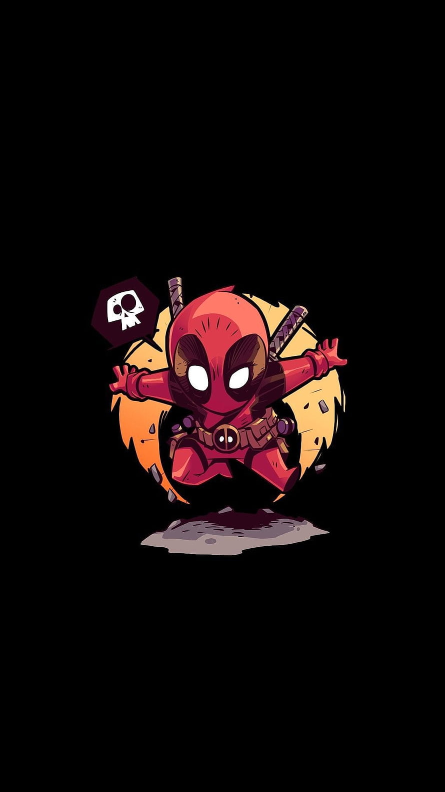 Chibi Deadpool Kawaii Illustration with Swords and Skull Icon on Black Background HD phone wallpaper
