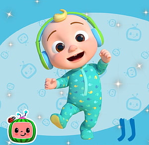 Cocomelon JJ Baby Character Wearing Headphones and Teal Pajamas on Blue Background HD wallpaper