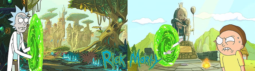 Rick and Morty Animated Wallpaper Featuring Green Portal and Sci-Fi Landscape HD wallpaper