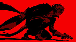 Persona 5 Joker Crouching Silhouette with Pistol on Red Background HD wallpaper