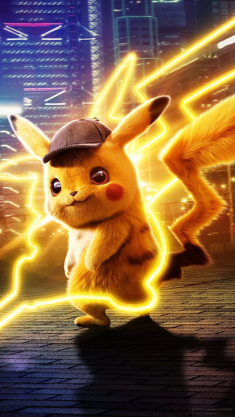 Detective Pikachu in a Neon-Lit Cityscape with Electric Glow HD phone wallpaper