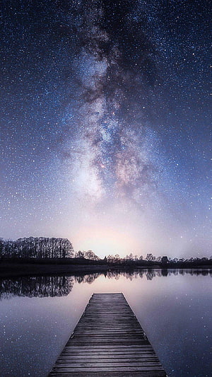 Stunning Night Sky Photography Featuring Milky Way Galaxy Over Calm Lake With Wooden Dock HD phone wallpaper