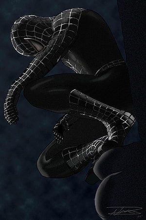 Spider-Man in Black Symbiote Suit Crouched on Dark Surface, Symbiote Spiderman by reapergt, spiderman 3 black suit HD phone wallpaper