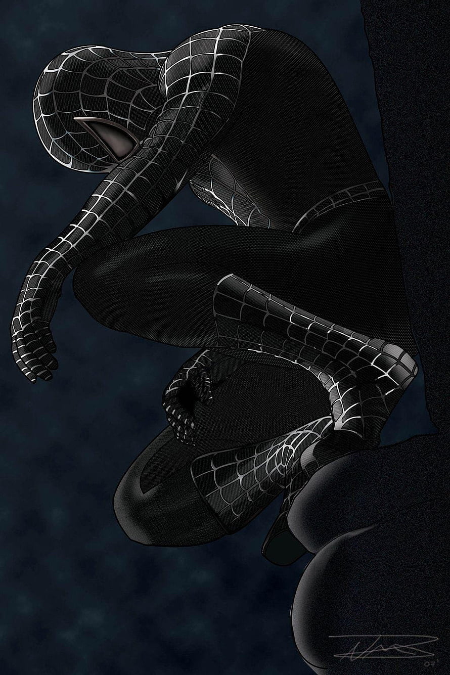 Spider-Man in Black Symbiote Suit Crouched on Dark Surface, Symbiote Spiderman by reapergt, spiderman 3 black suit HD phone wallpaper