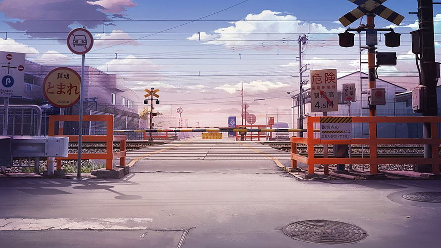 Anime Style Japanese Railway Crossing With Orange Barriers And Blue Sky HD wallpaper