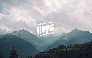 Inspirational Mountain Landscape with Hopeful Bible Verse Text Overlay HD wallpaper